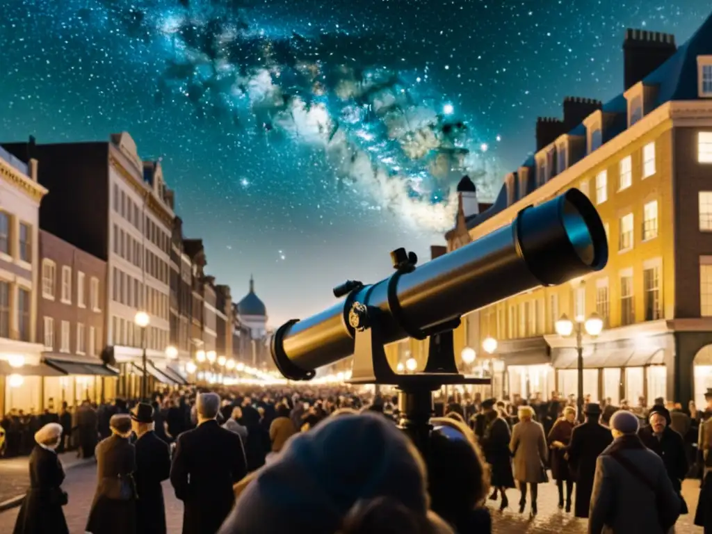 Una noche estrellada en la ciudad, con un telescopio vintage y personas observando