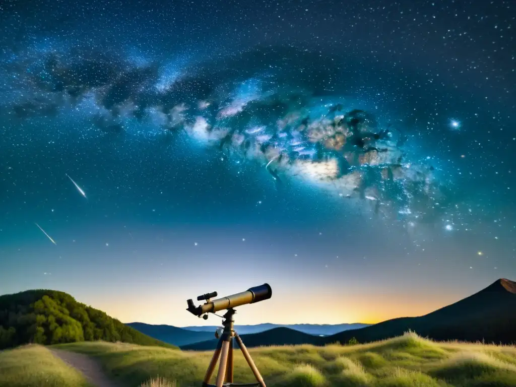 Una noche estrellada con constelaciones destacadas, un telescopio con filtro para observar constelaciones y la Vía Láctea de fondo, evocando la magia de la observación astronómica