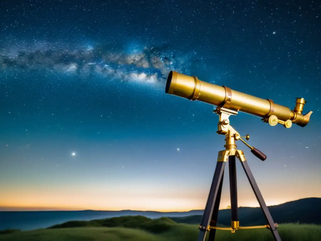 Una noche estrellada con la Vía Láctea y constelaciones visibles, junto a un antiguo telescopio