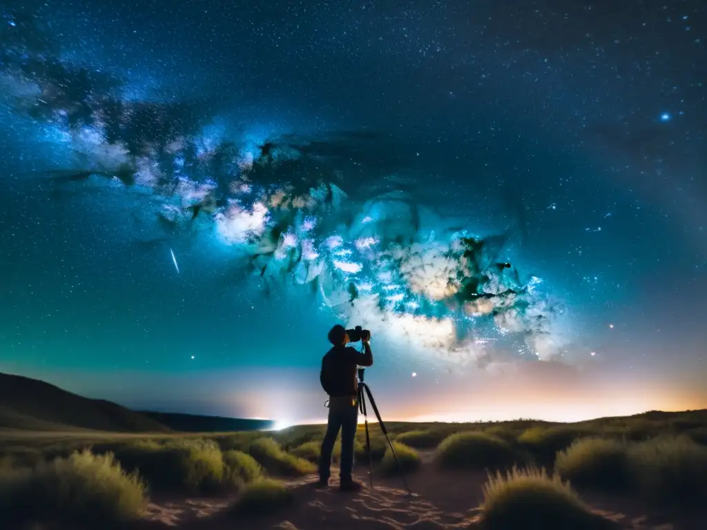 Una noche estrellada con la Vía Láctea y un fotógrafo solitario capturando la belleza celestial con una cámara antigua en trípode