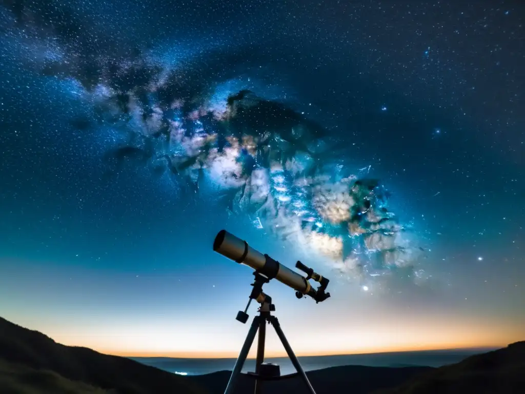 Una noche estrellada con la Vía Láctea en el horizonte y un telescopio en primer plano