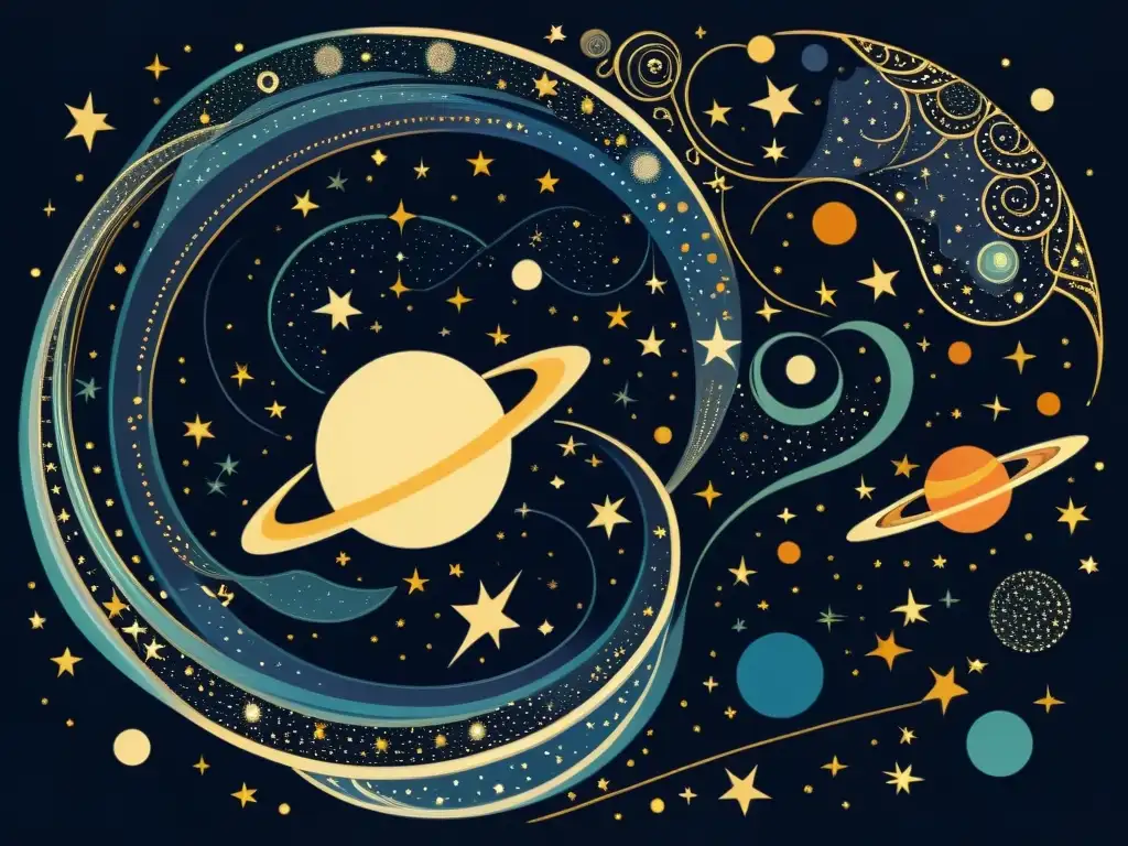 Una ilustración vintage de la noche estrellada, con movimiento de planetas entre constelaciones y estrellas en detalle exquisito