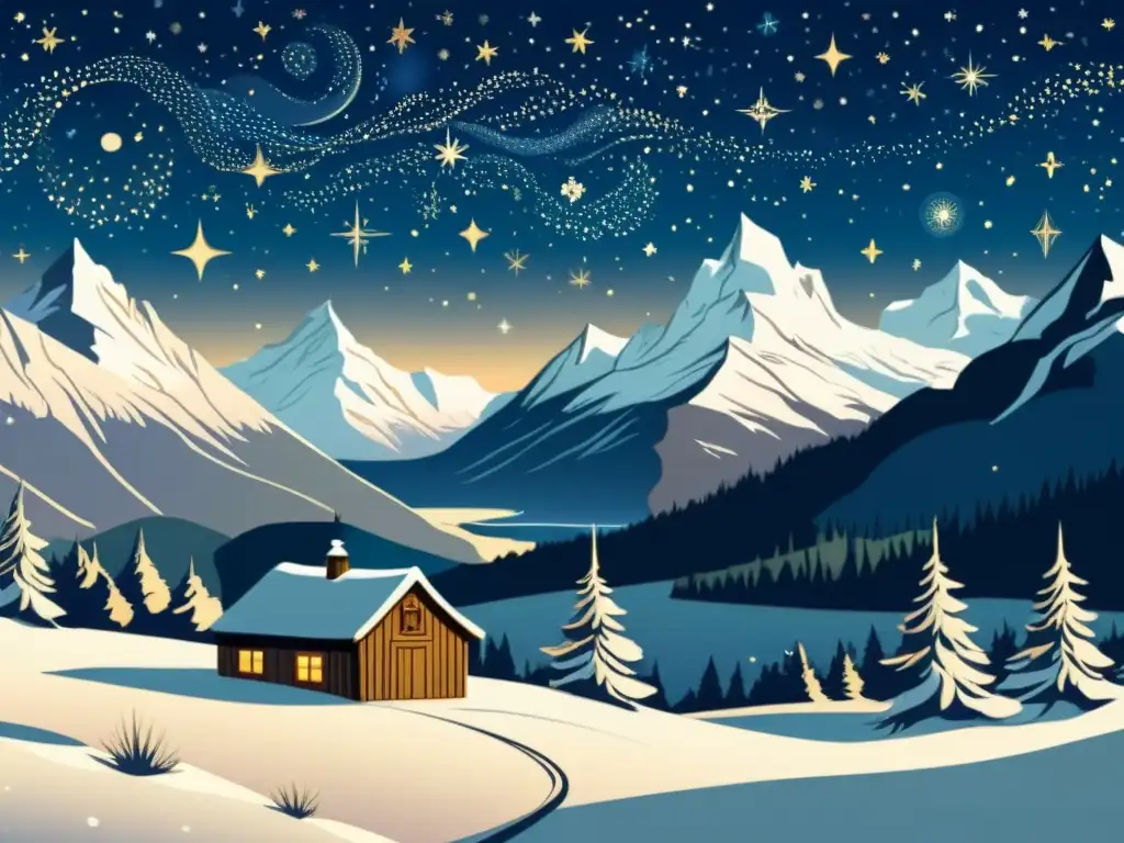 Una ilustración vintage de una noche estrellada sobre un paisaje del norte con montañas nevadas y una celebración tradicional