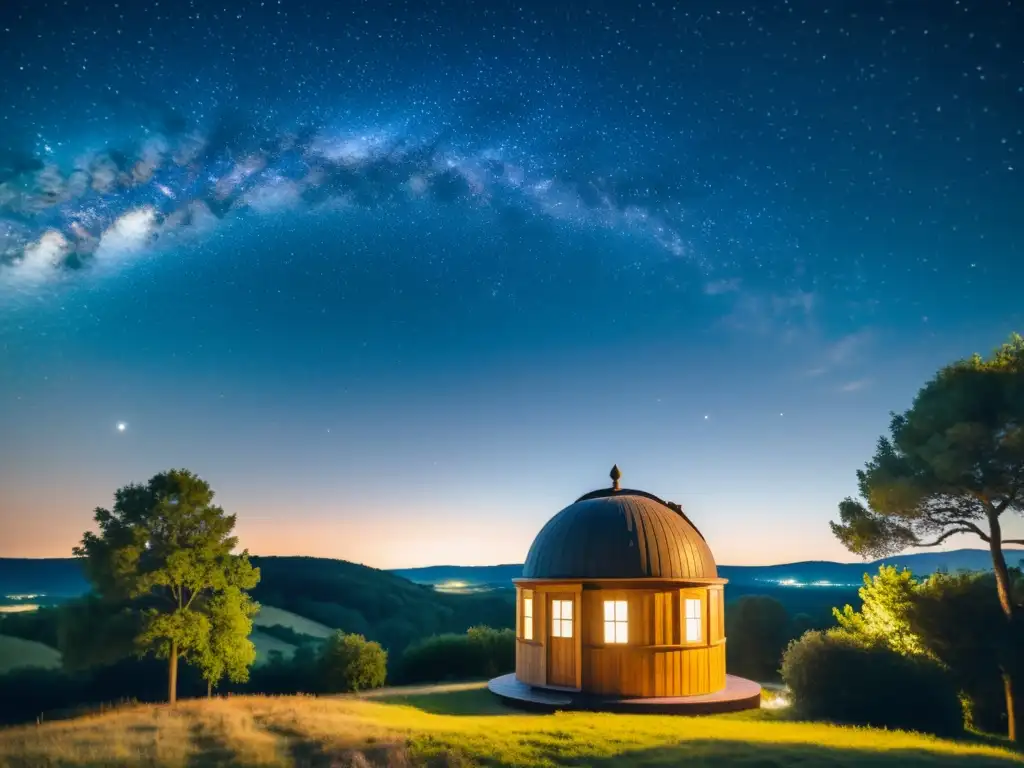 Una noche estrellada sobre un paisaje tranquilo, con un observatorio de madera entre árboles