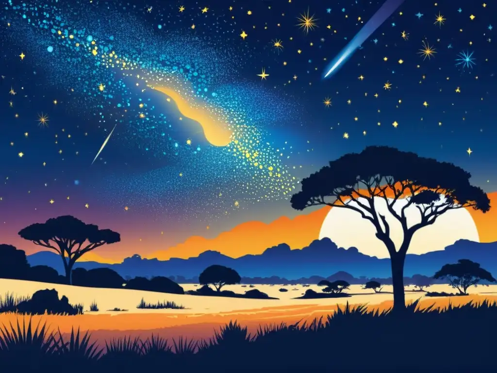 Una ilustración vintage de una noche estrellada en la sabana africana, con una vibrante lluvia de meteoritos surcando el cielo oscuro