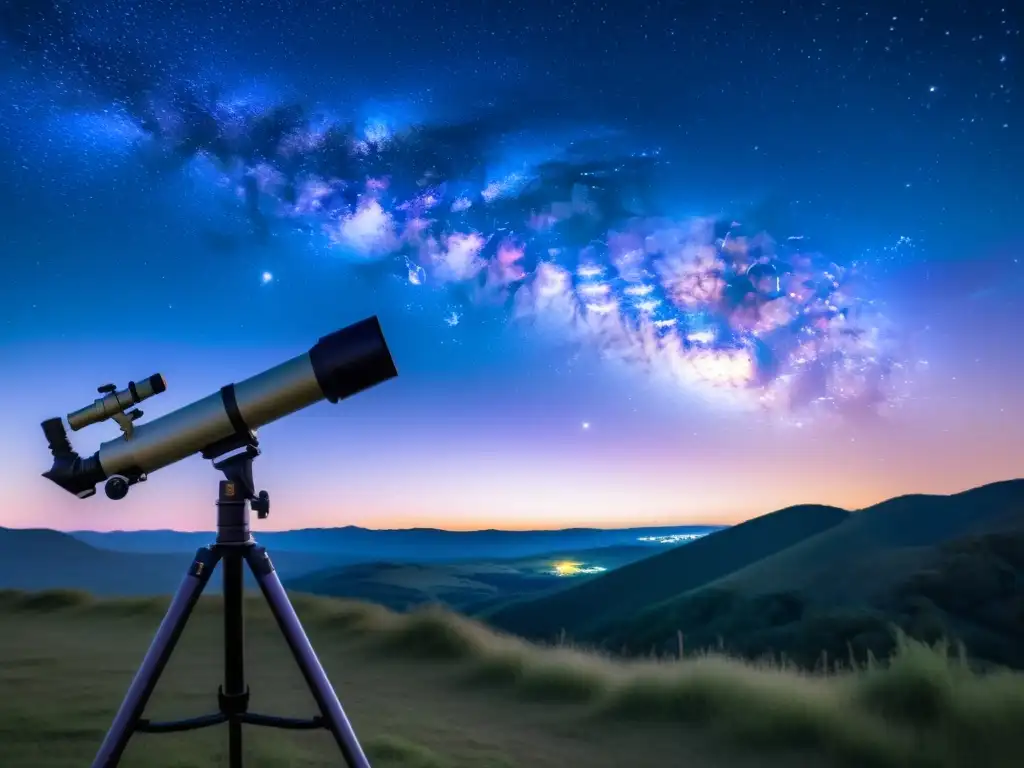 Una noche estrellada con la Vía Láctea y un telescopio, evocando la belleza del universo