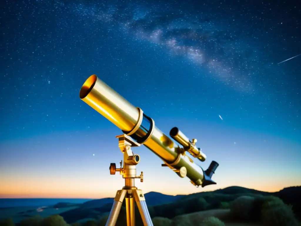 Una noche estrellada con telescopio de diseño vintage apuntando a un brillante cúmulo de estrellas