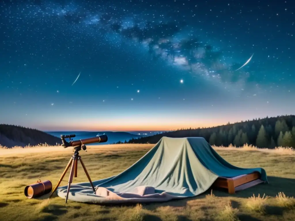 Una noche estrellada con telescopio, manta y la luna brillante