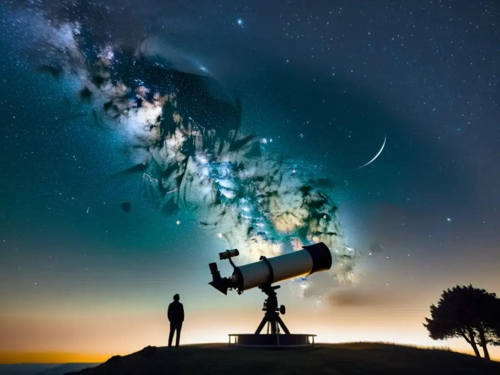 Una noche estrellada con telescopio y observatorio en silueta