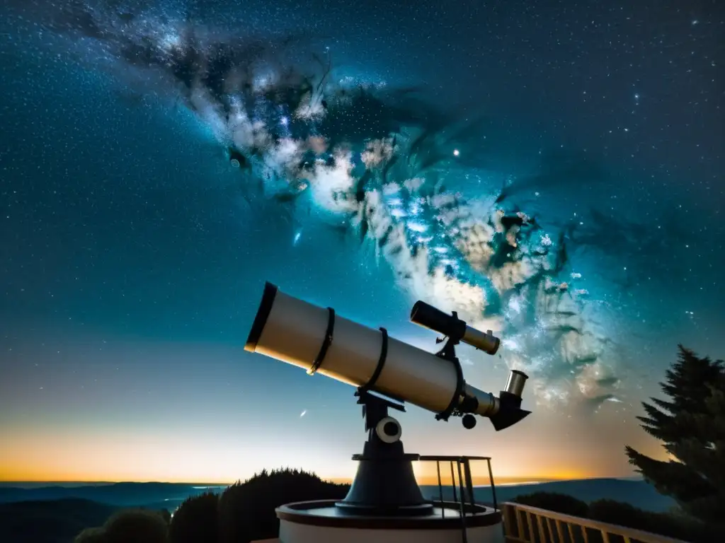 Una noche estrellada con telescopio y observatorio en silueta