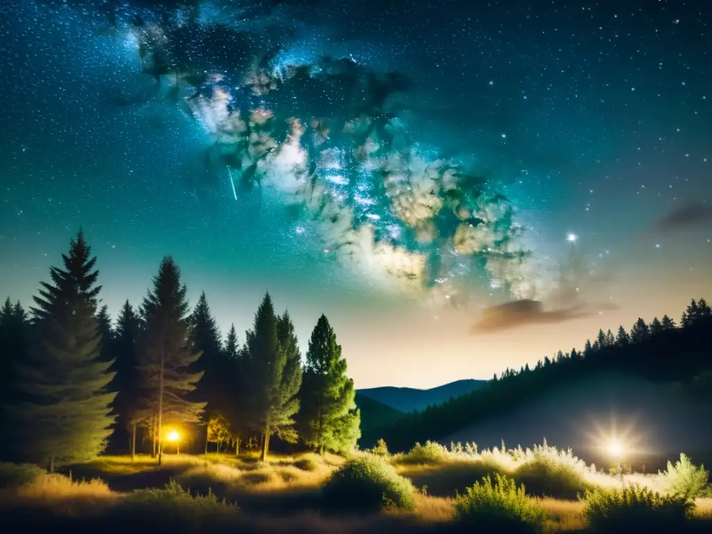 Una noche estrellada y tranquila sobre un bosque, con la luz suave de un pueblo a lo lejos