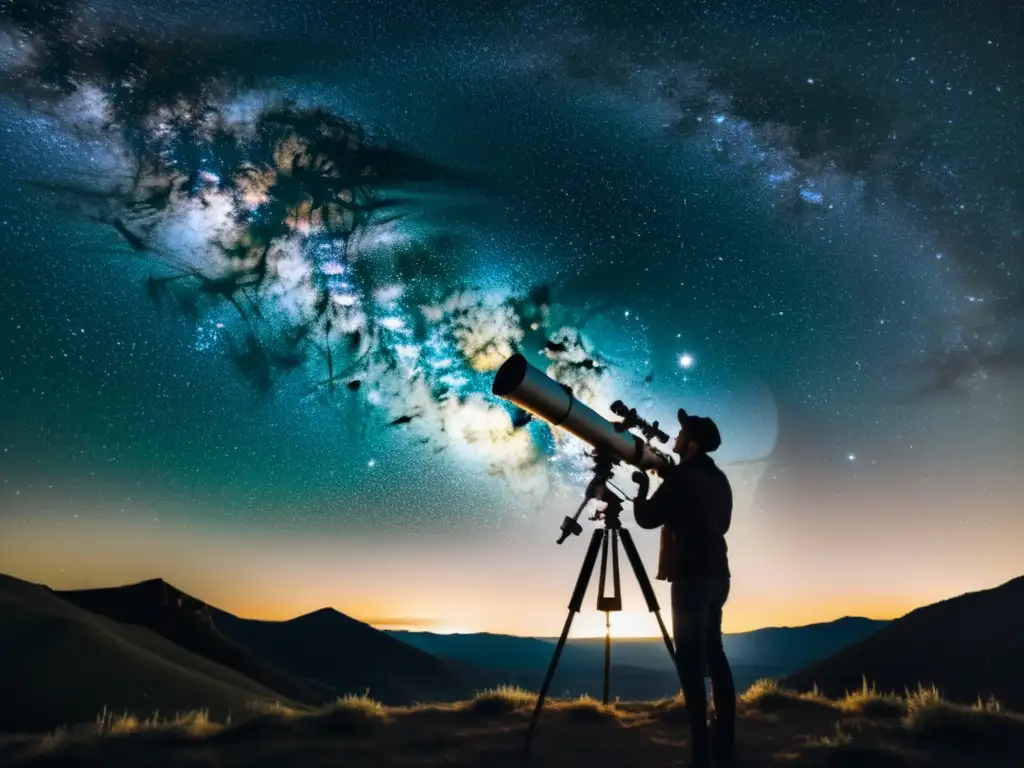 Una noche estrellada con la Vía Láctea visible y un telescopio vintage