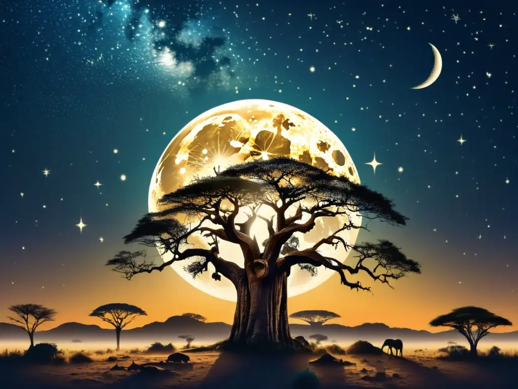 Una ilustración vintage de la noche en la sabana africana, con la luna llena brillando sobre la naturaleza