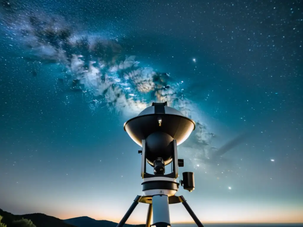 Una noche serena llena de estrellas y la Vía Láctea, con un telescopio apuntando al cielo