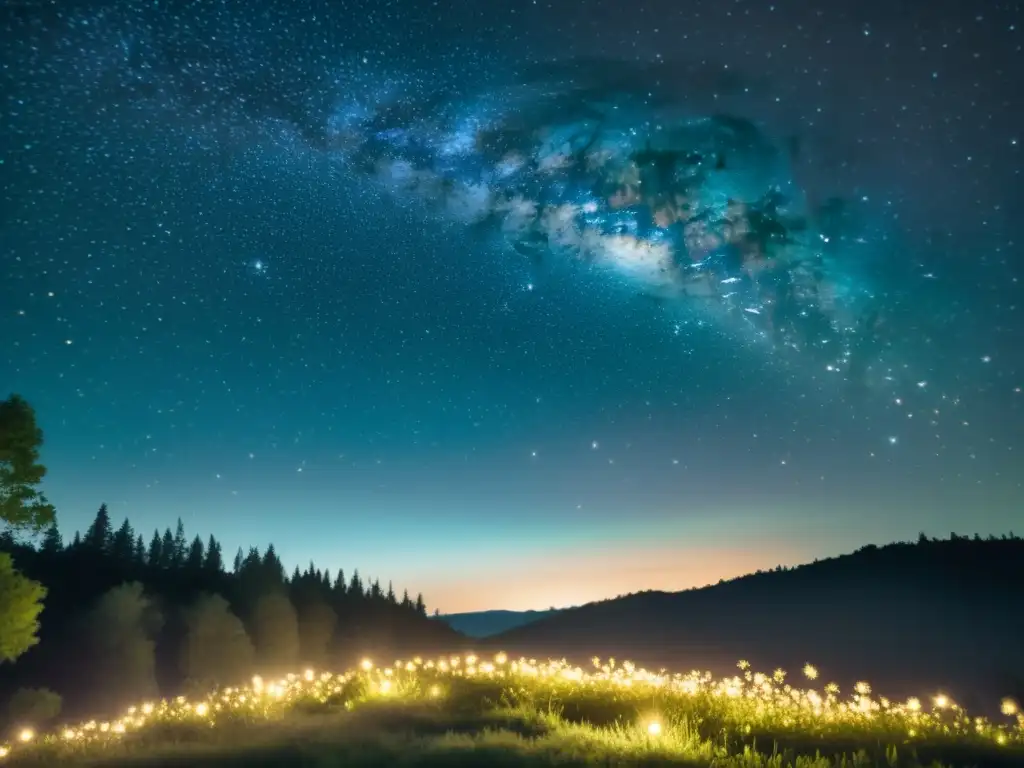 Una noche serena llena de estrellas y luciérnagas, destacando el contraste entre la contaminación lumínica y la belleza natural del cielo