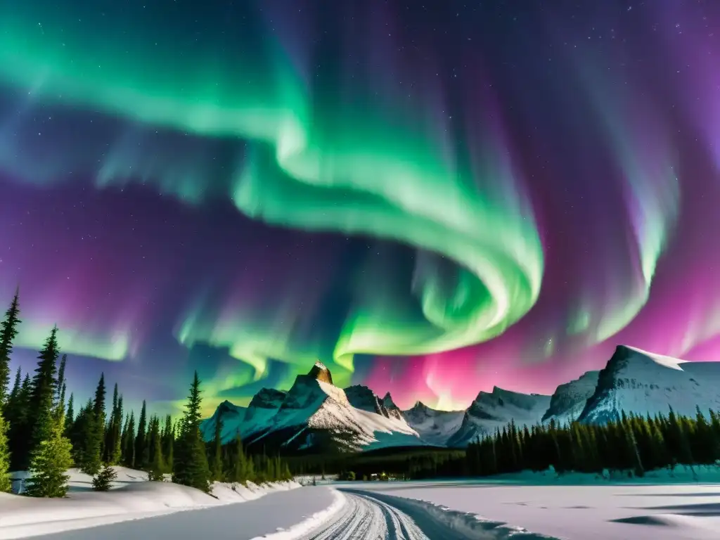 Una fotografía nocturna de auroras boreales, con un despliegue vibrante y misterioso de luces verdes, púrpuras y rosadas en el cielo estrellado