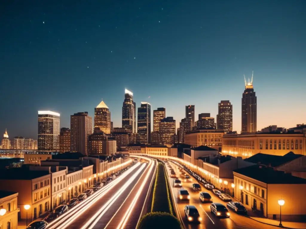 Fotografía nocturna de ciudad vintage con luces brillantes de edificios y autos, creando un patrón hipnótico en el cielo oscuro