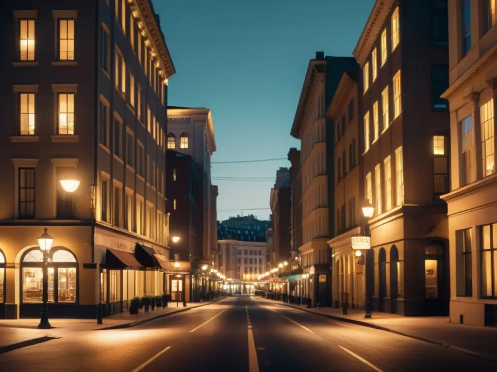 Una fotografía nocturna con sensibilidad ISO y ruido, capturando la atmósfera serena de una calle urbana iluminada por cálidas luces