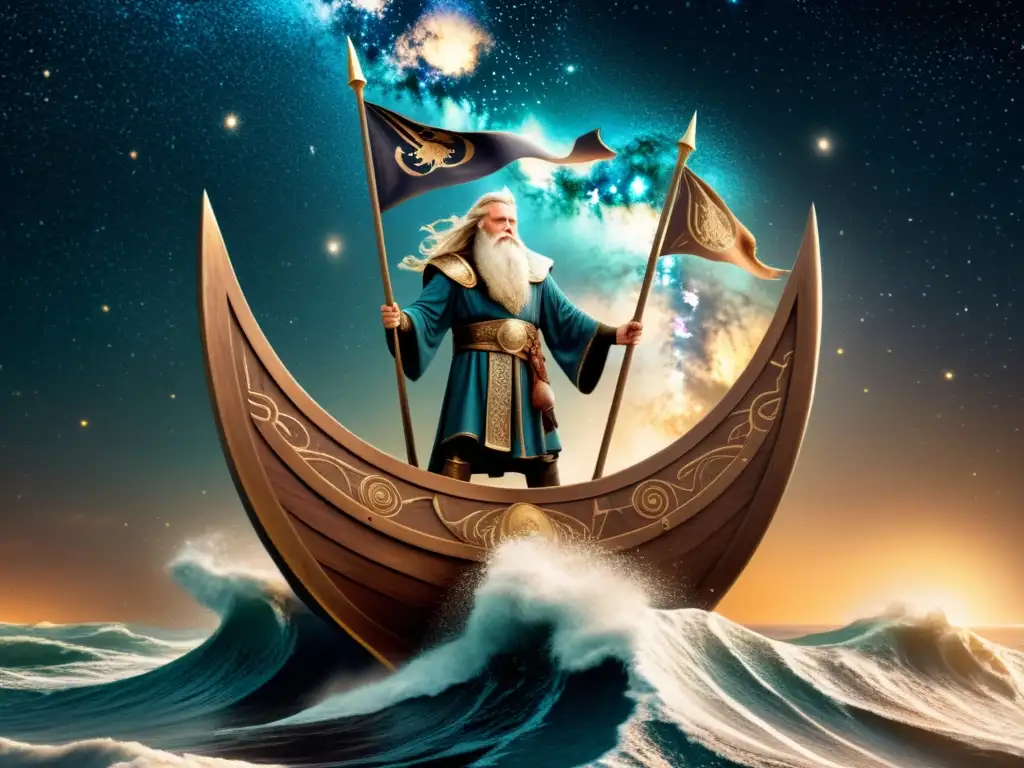 Odin, el dios nórdico, en su barco entre las estrellas, rodeado de espíritus guerreros