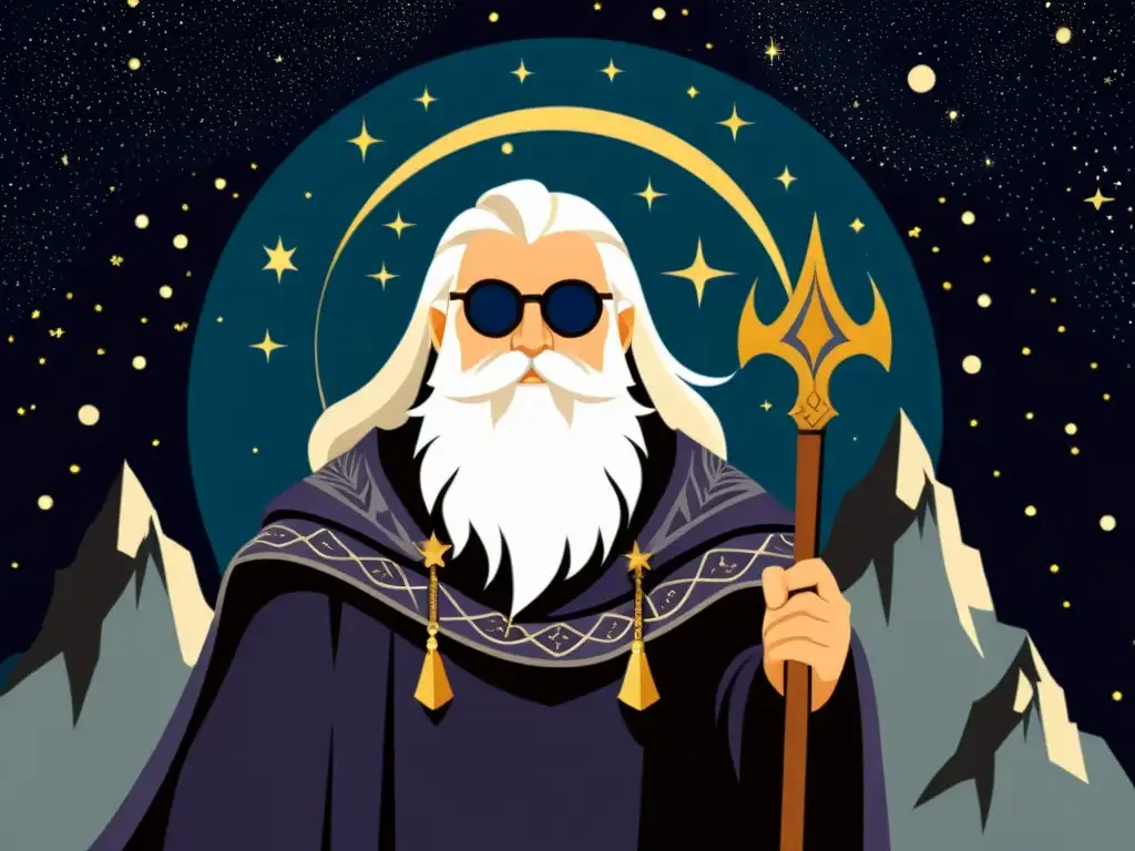 Odin, dios nórdico, rodeado de estrellas y galaxias en ilustración vintage