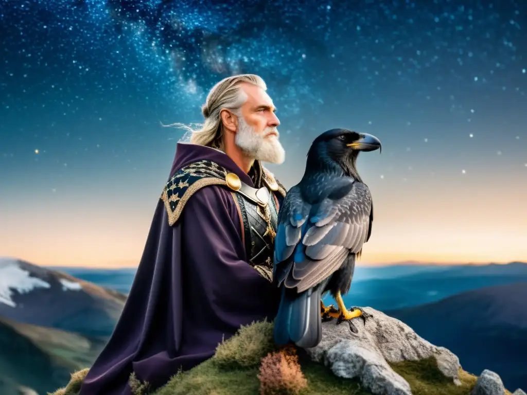 Odin, el dios nórdico de un solo ojo, contempla los misterios astronómicos con su telescopio, mientras sus cuervos lo observan