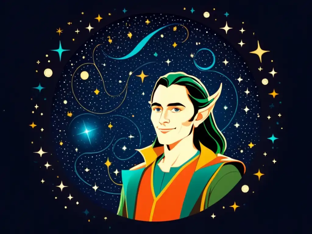 Loki, el dios nórdico de las travesuras, entre las estrellas, manipulando las constelaciones con una sonrisa pícara