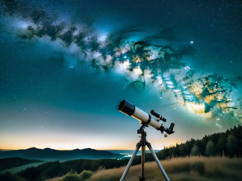 Una nostálgica fotografía celestial con un telescopio apuntando al cielo estrellado y la Vía Láctea en el horizonte