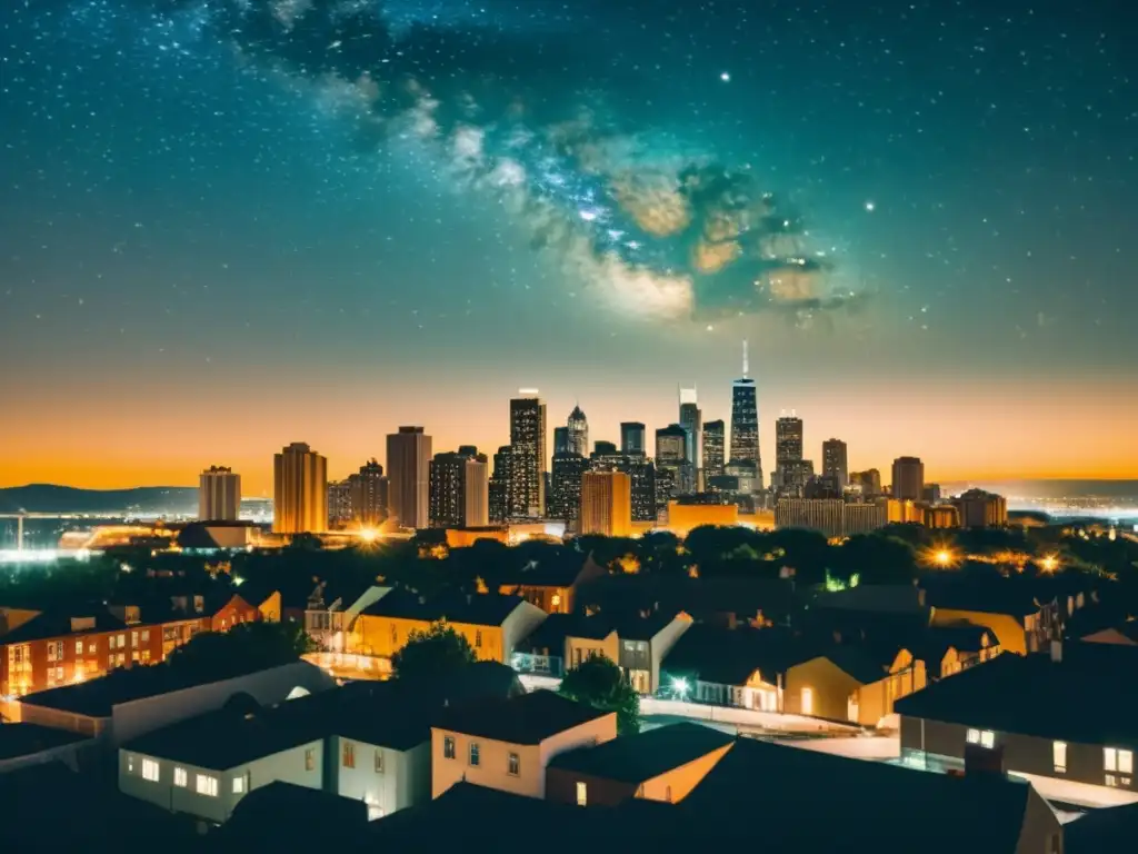 Una nostálgica fotografía de la ciudad de noche, con estrellas brillando a pesar de la contaminación lumínica