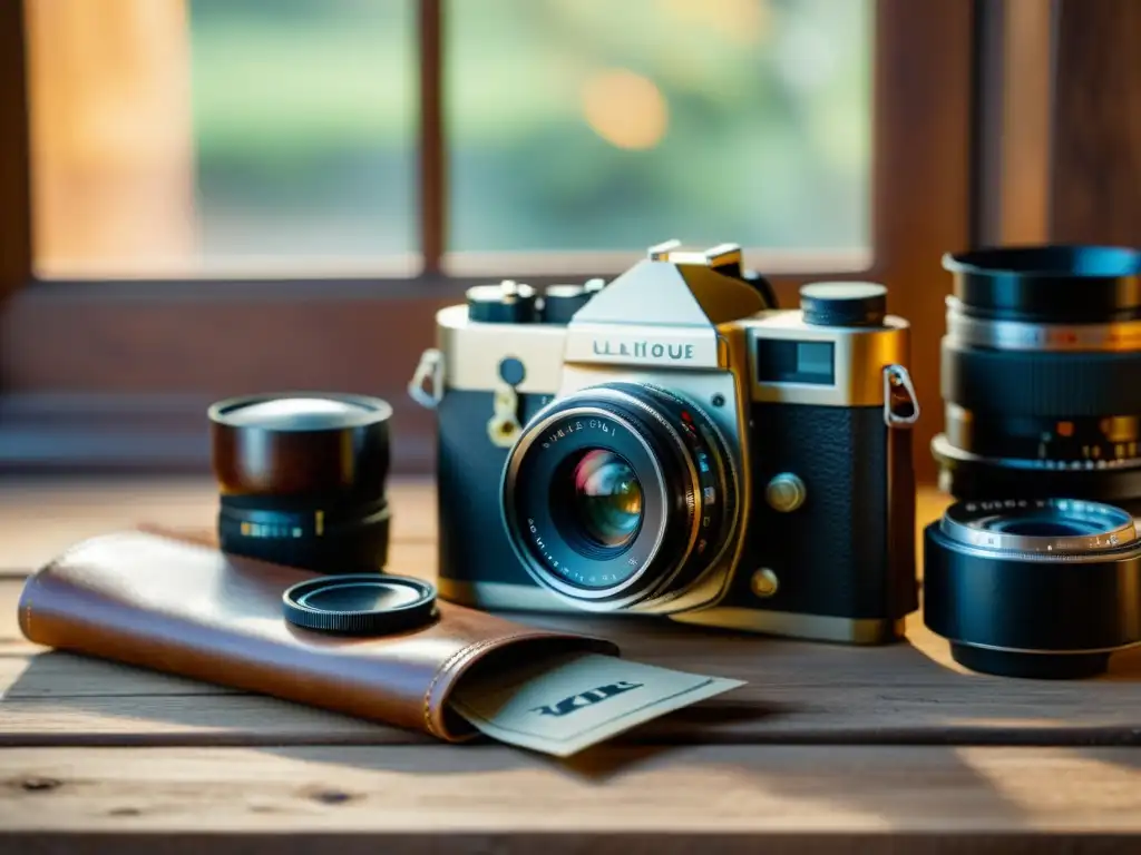 Una nostálgica escena de antigua fotografía, con cámara vintage, lentes, rollos de película y una bolsa de cuero