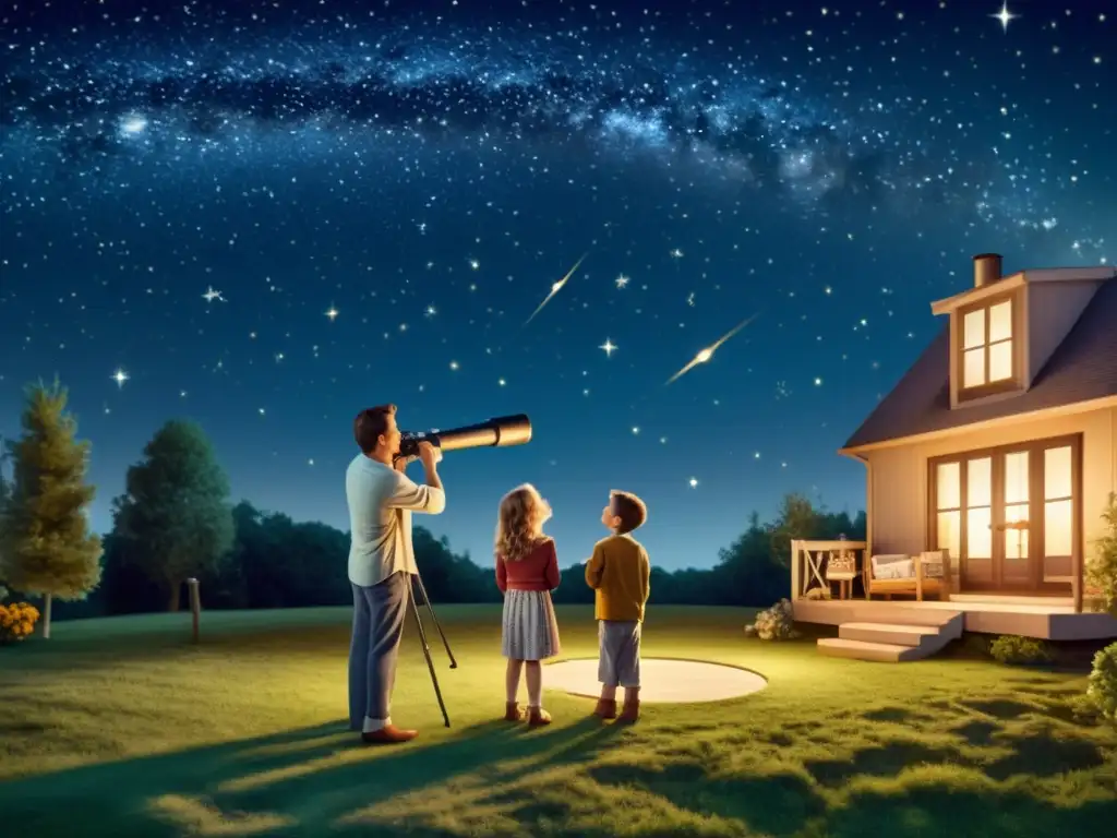 Una nostálgica ilustración vintage de una familia observando el cielo estrellado a través de un telescopio en su patio trasero