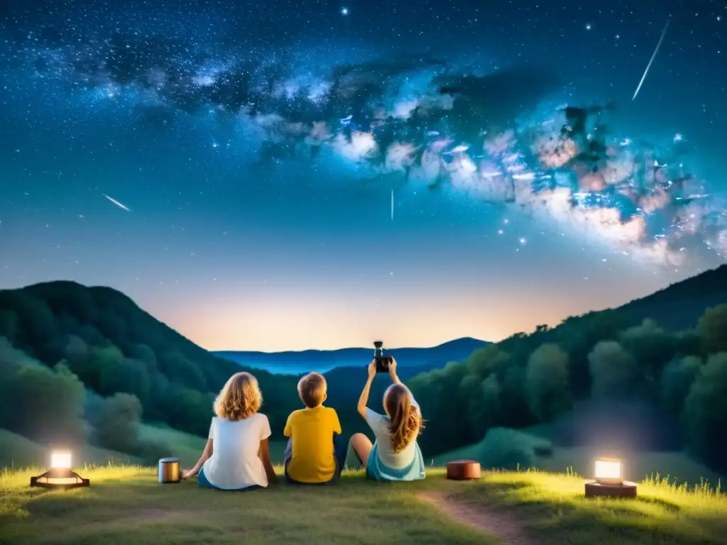 Una ilustración nostálgica de una familia bajo el cielo estrellado, con un taller de observación astronómica para familias