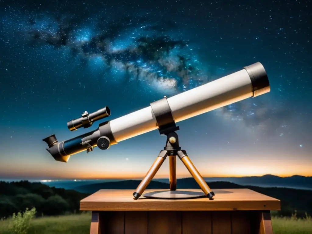 Una nostálgica foto en blanco y negro de un telescopio apuntando al cielo nocturno, rodeado de libros y herramientas de astronomía