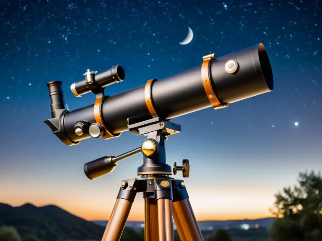 Una nostálgica imagen vintage de un telescopio Celestron negro y plateado apuntando al cielo estrellado