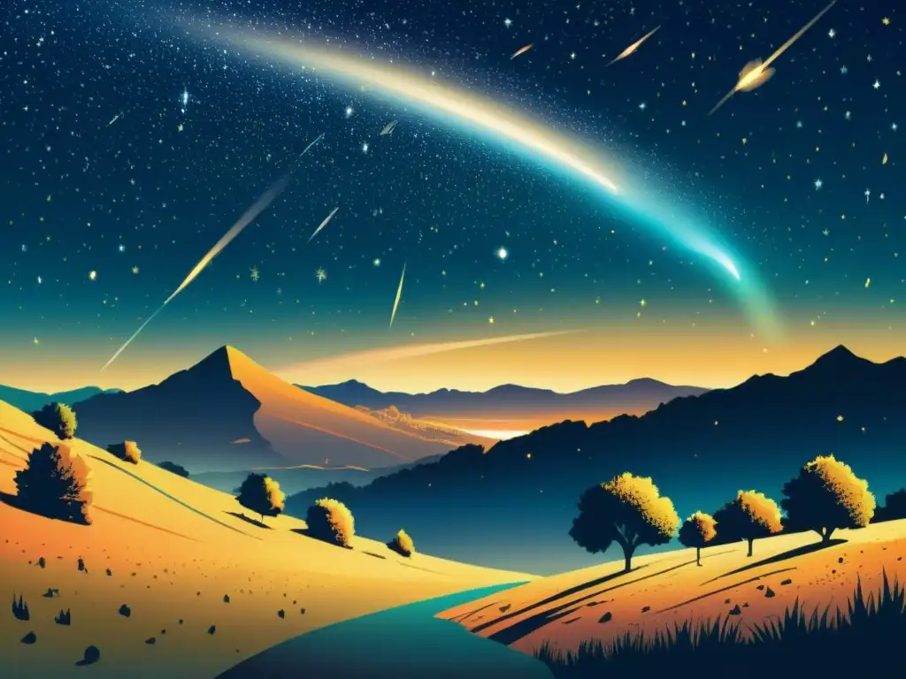 Una nostálgica ilustración de lluvias de meteoros, con un cielo oscuro lleno de meteoros y un paisaje sereno