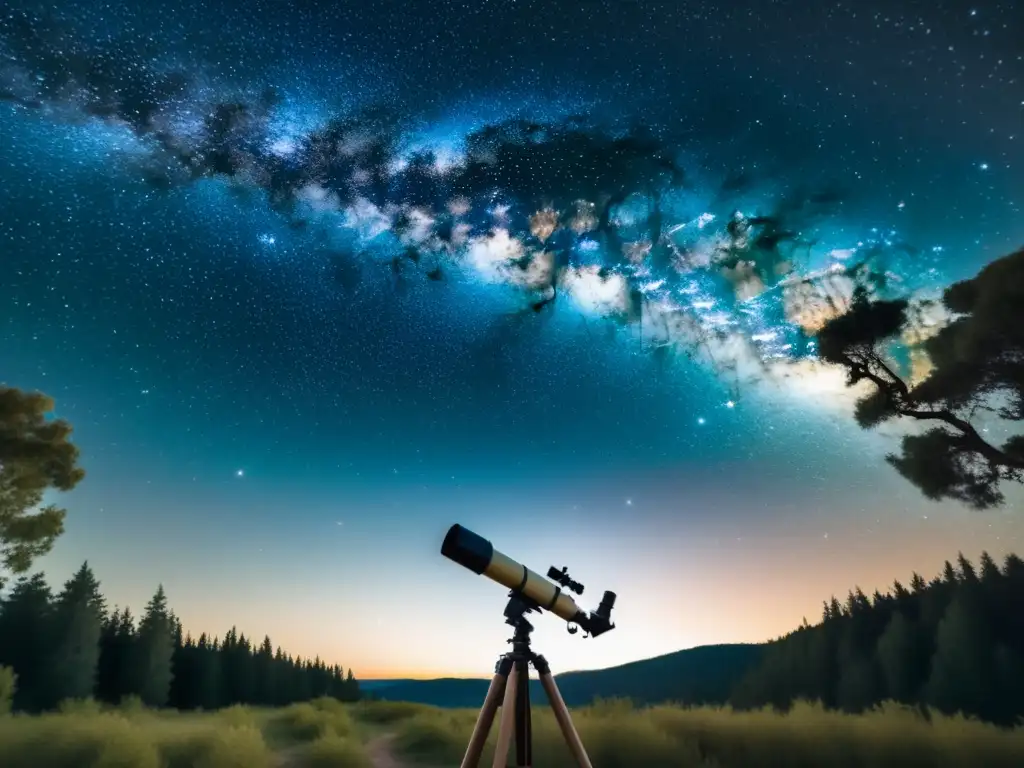 Observando la Vía Láctea bajo las estrellas Una nostálgica fotografía vintage de una noche estrellada capturando constelaciones en un paisaje mágico y atemporal
