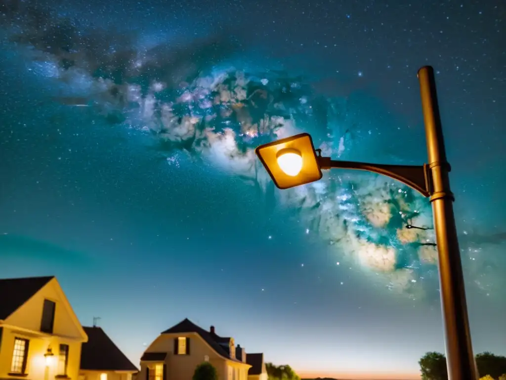 Una nostálgica noche estrellada con farola vintage iluminando, resaltando la belleza natural del cielo