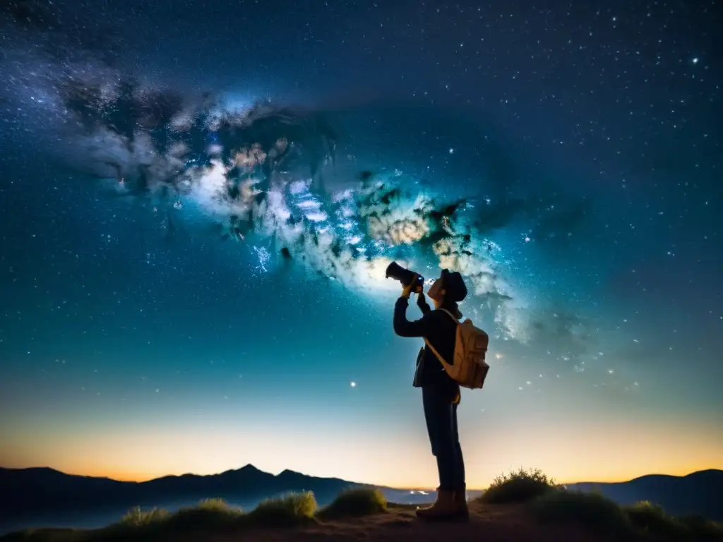 Una nostálgica fotografía vintage de una noche estrellada con una persona sosteniendo una cámara, evocando la belleza atemporal de las constelaciones