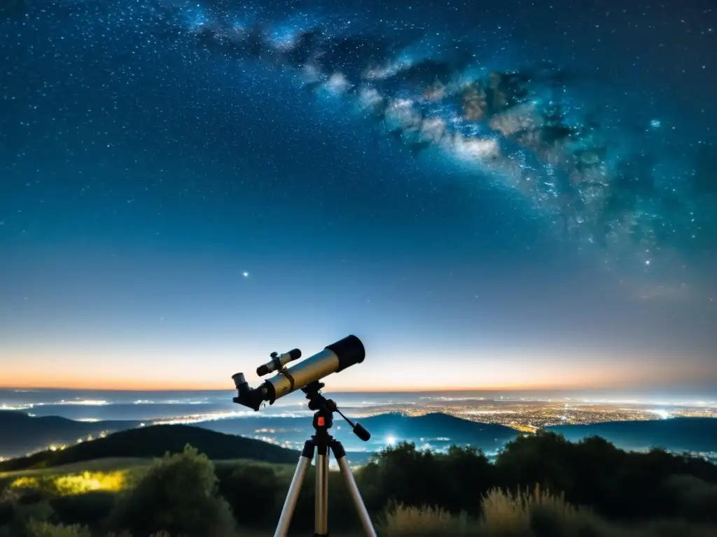 Una nostálgica noche estrellada con telescopio, ciudad lejana y la lucha contra la contaminación lumínica para descubrir las estrellas