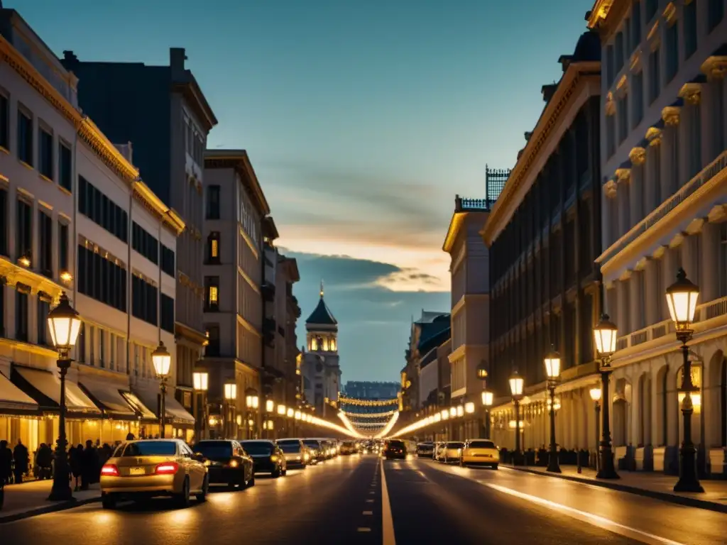 Una nostálgica vista urbana nocturna, iluminada por antiguas farolas