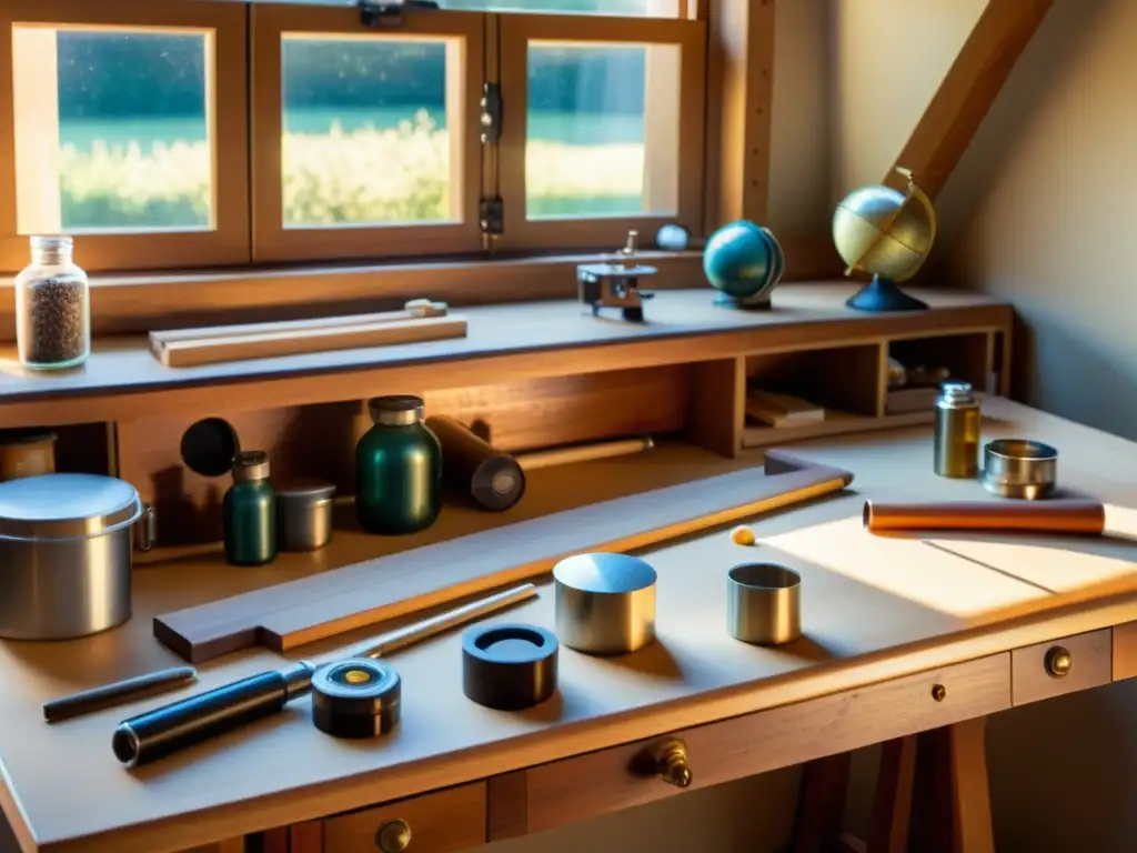 Construcción nostálgica de planetario casero: herramientas vintage y planos Un nostálgico taller de carpintería con herramientas y materiales para construir un planetario casero paso a paso