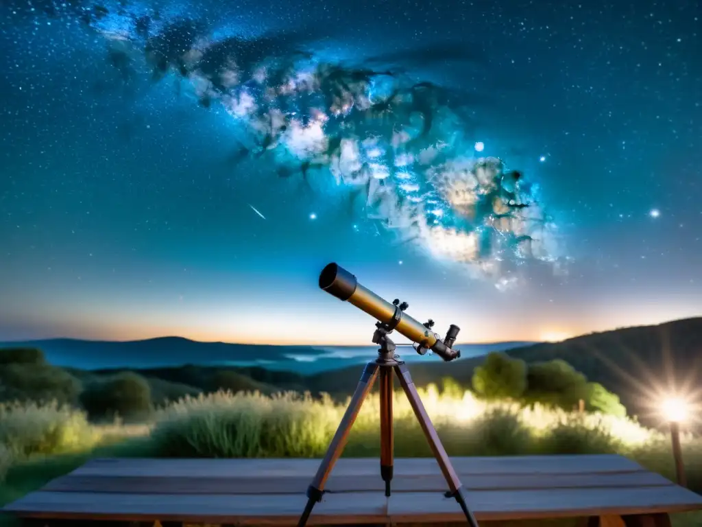 Un nostálgico telescopio vintage sobre trípode de madera observa el cielo estrellado, capturando el cielo con equipo básico