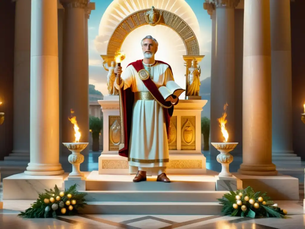 Numa Pompilio, segundo rey de Roma, realiza una ofrenda ritual en un templo antiguo, evocando la religión en la Antigua Roma