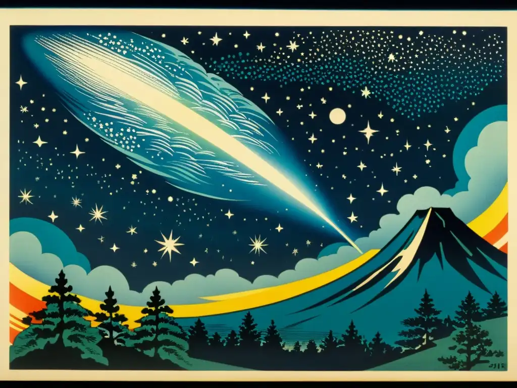 Obra japonesa tradicional muestra cometa brillante en el cielo nocturno, evocando asombro y serenidad