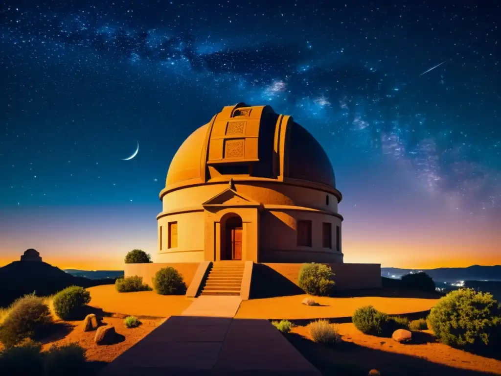 Observatorio antiguo con símbolos celestiales, rodeado de naturaleza y cielo estrellado