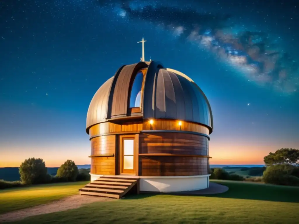 Construir observatorio astronómico casero con telescopio vintage bajo el cielo estrellado, cálido y acogedor