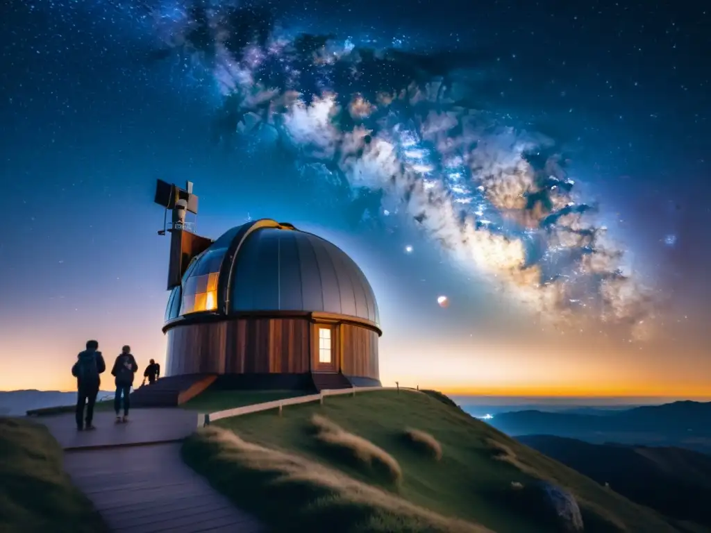 Un observatorio astronómico vintage en una montaña, con la Vía Láctea de fondo y personas observando el cielo