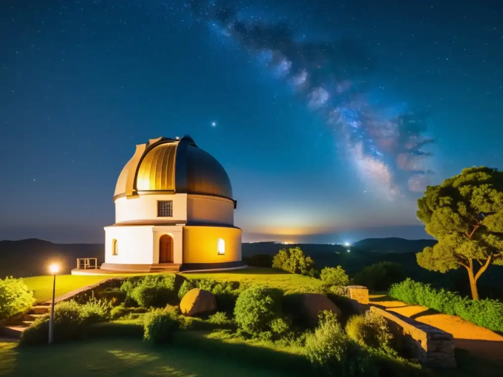 Un observatorio astronómico vintage rodeado de ruinas antiguas y exuberante vegetación, con un telescopio apuntando al cielo estrellado