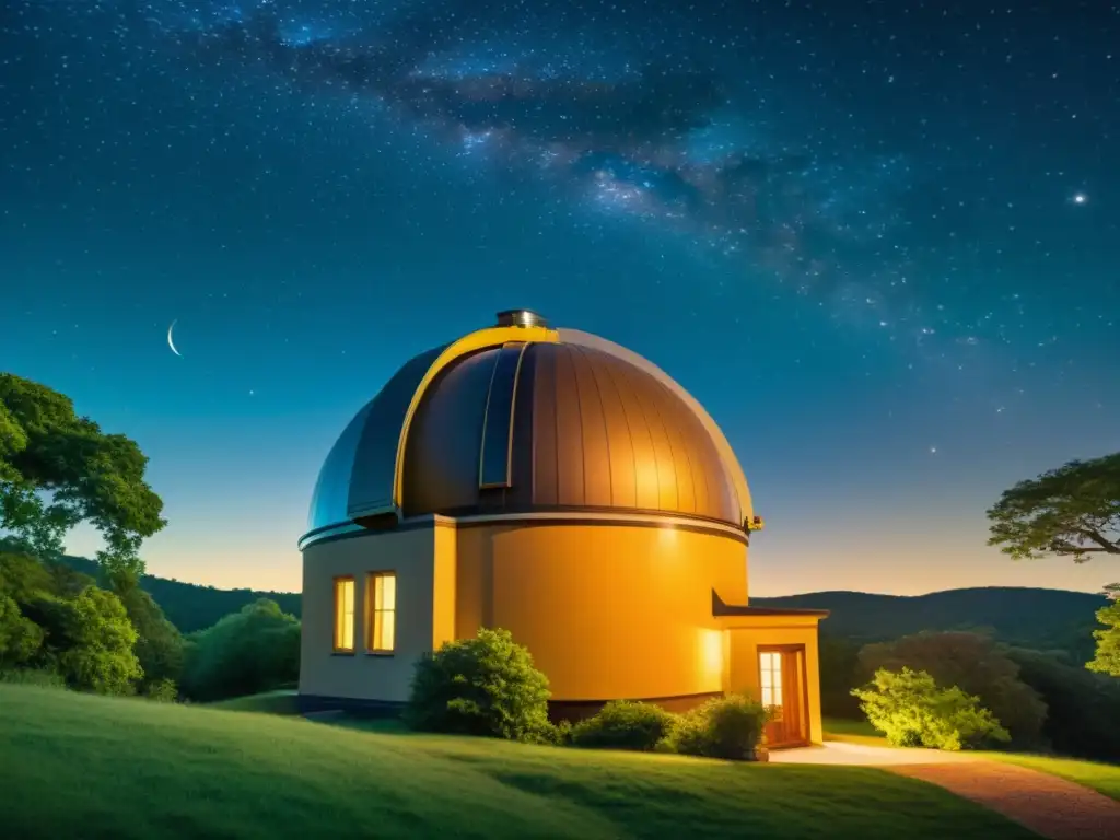 Un observatorio estelar vintage rodeado de vegetación, con un telescopio apuntando al cielo estrellado