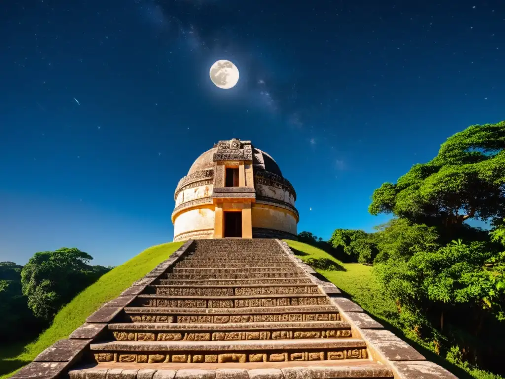 Observatorio maya antiguo con carvings detallados y alineaciones celestiales en la exuberante selva bajo un cielo estrellado