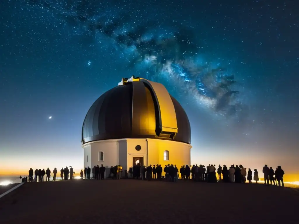 Observatorio nocturno lleno de gente mirando a través de telescopios, capturando el movimiento de los cuerpos celestes